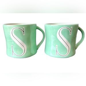 ANTHROPOLOGIE Hand Painted Monogram Initial S Green CoffeeMug 14 Oz-2 mugs